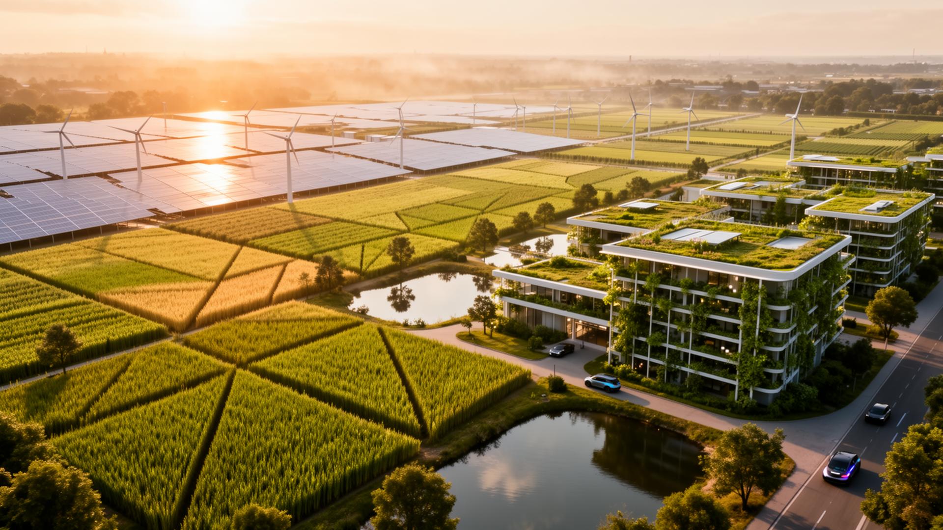 Aerial view of Smart Agro City — solar farms, green fields and sustainable housing at golden hour