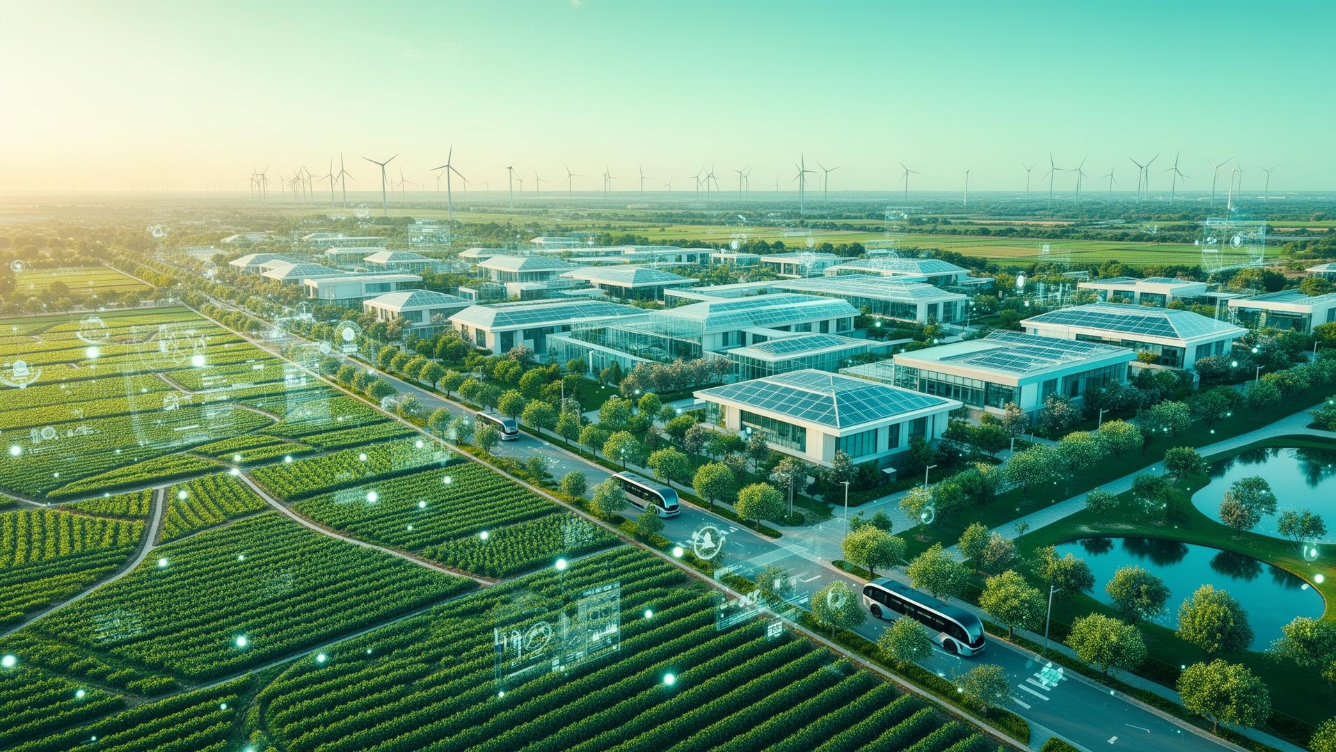 Aerial view of Smart Agro City — solar farms, green fields and sustainable housing at golden hour